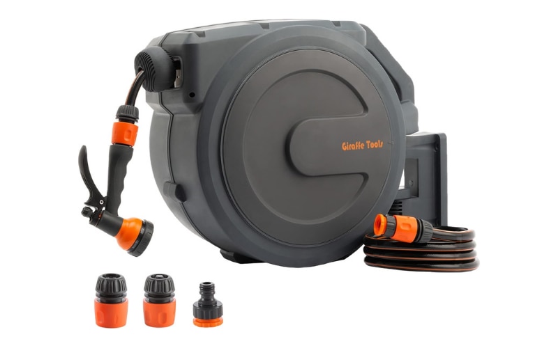 Giraffe Tools Retractable Hose in wall mount reel on a white background