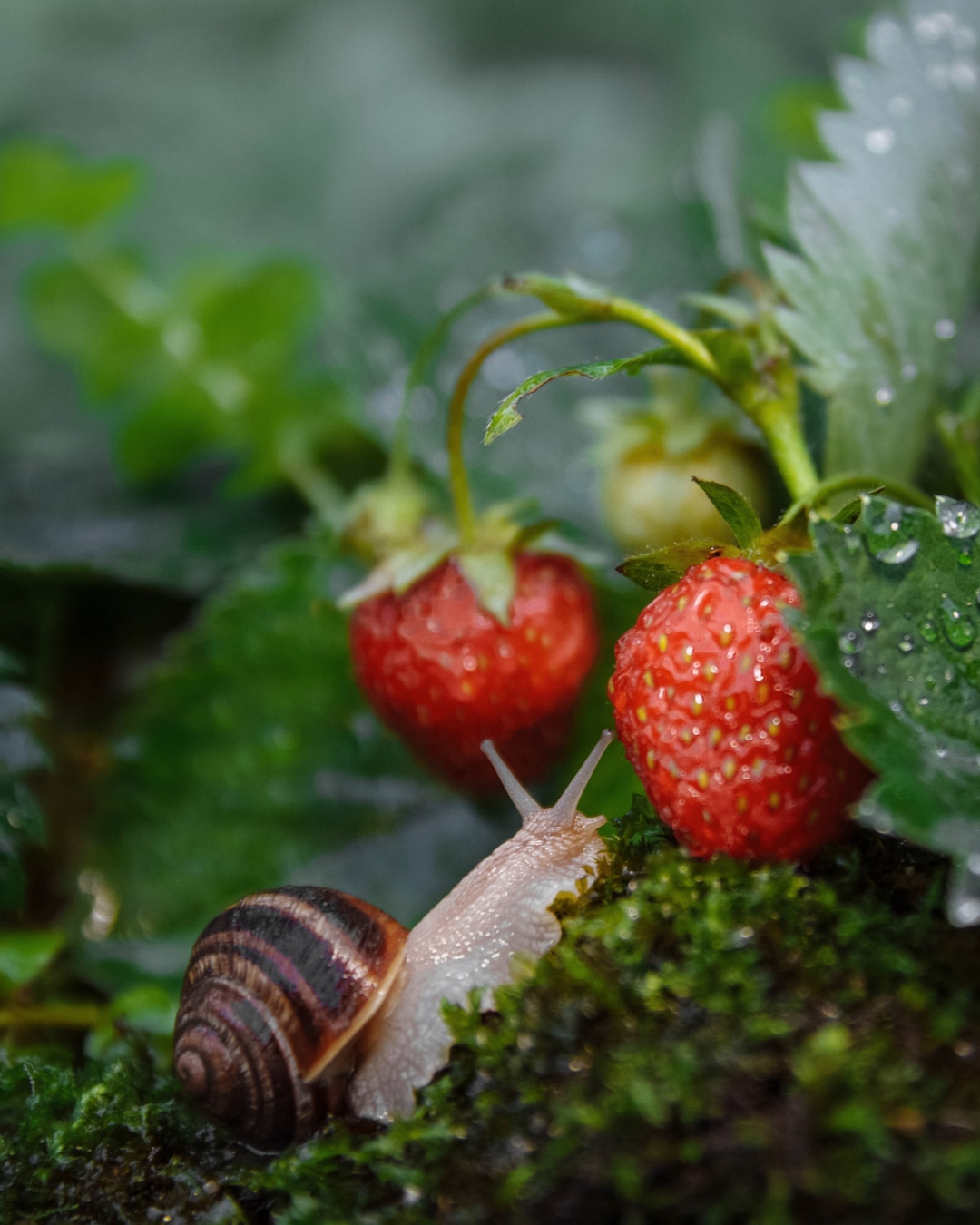 A large brown snail crawls towards a strawberry bush