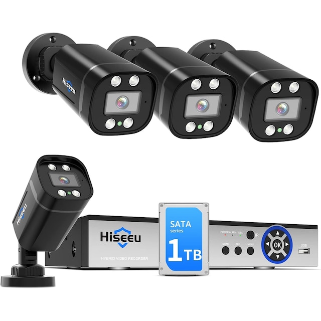 Hiseeu 5MP Wired CCTV Camera Security System pictured with four cameras on a white background