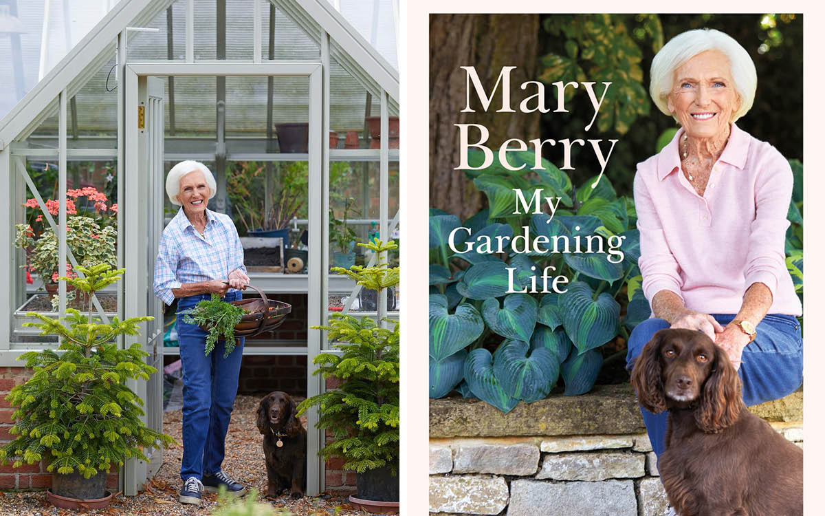 Mary Berry with her dog in the door of a greenhouse and the cover of her book My Gardening Life. 