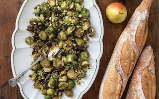 Sticky Roast Sprouts with Dates and Pistachios