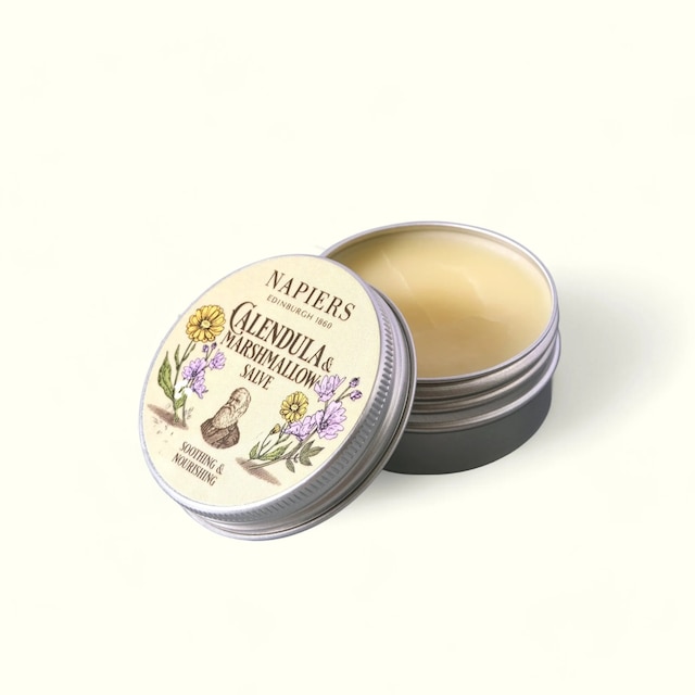 Napiers Calendula & Marshmallow Soothing Salve pictured open tin