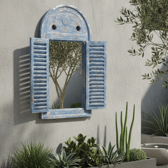 Rustic look sky-blue wall-mounted mirror