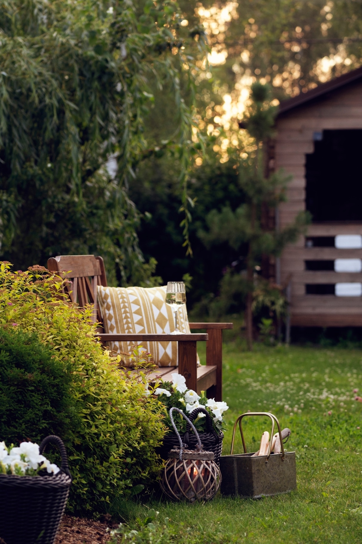 evening relax in cottage summer garden with glass of wine. Wooden bench decorated with cozy pillow and rustic house on background.
