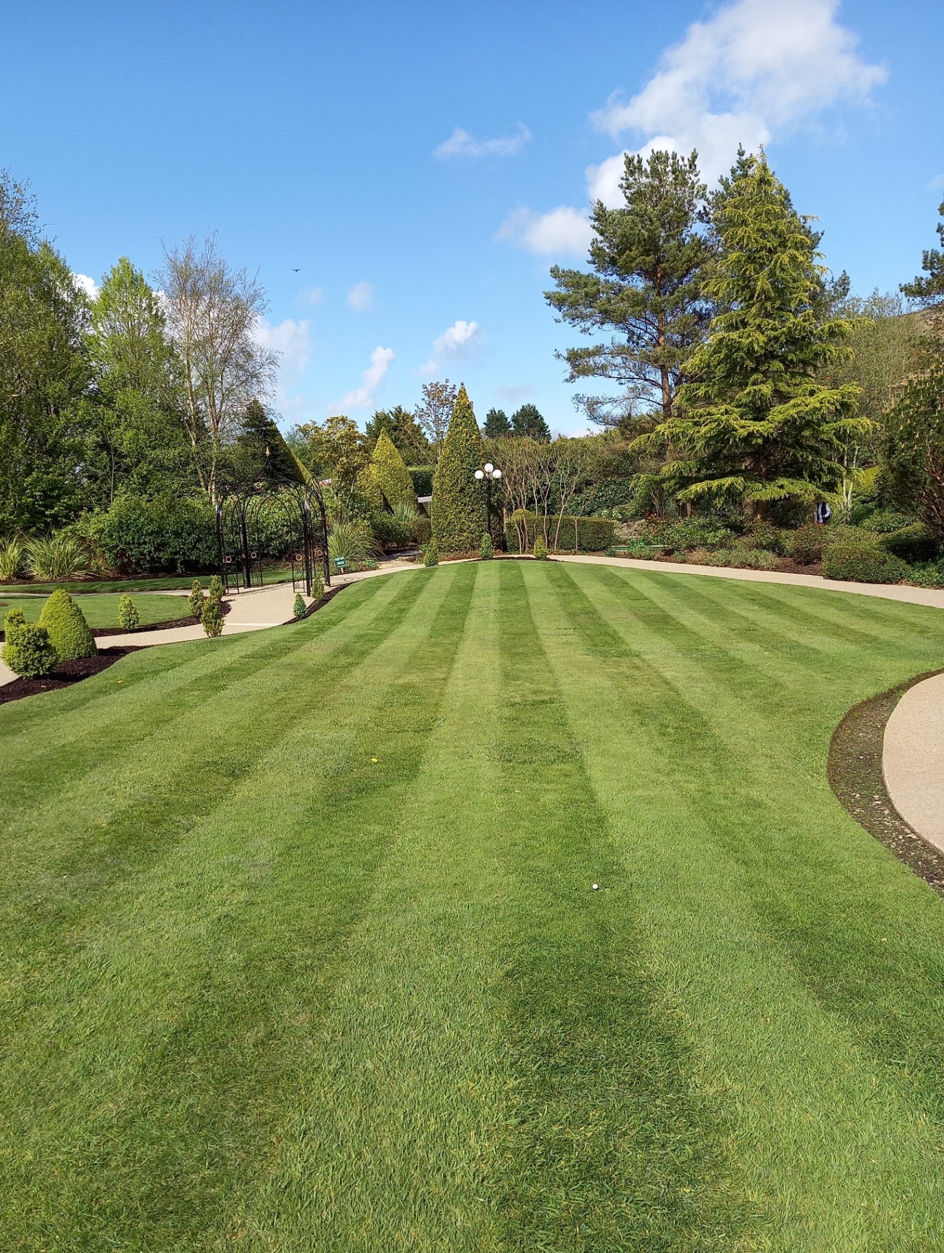 Large garden with striped lawn and trees, paths and lighting, on a sunny day