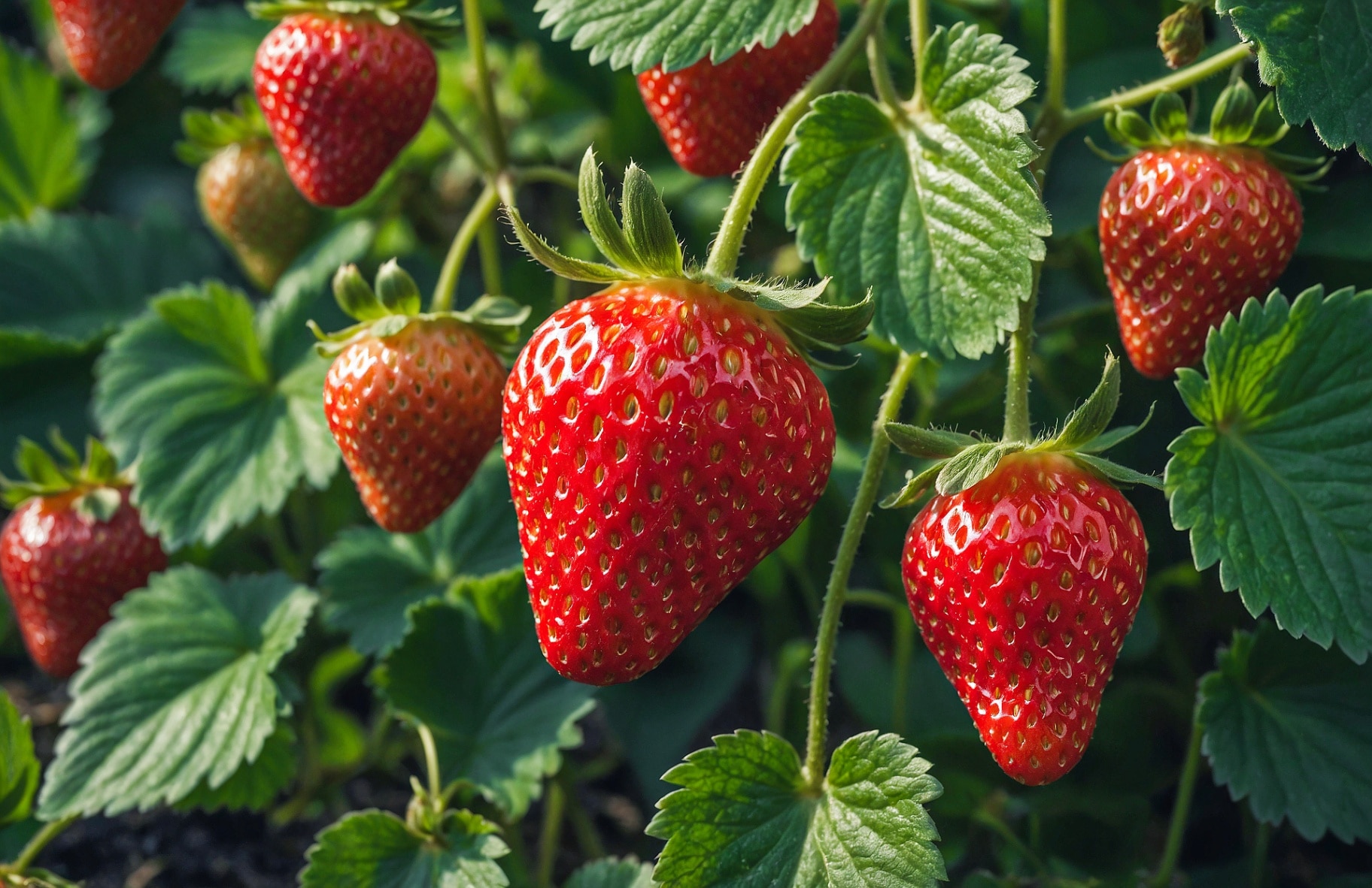 Fresh Ripe Strawberries Hanging On Vines In Sunny Garden