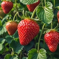 Fresh Ripe Strawberries Hanging On Vines In Sunny Garden