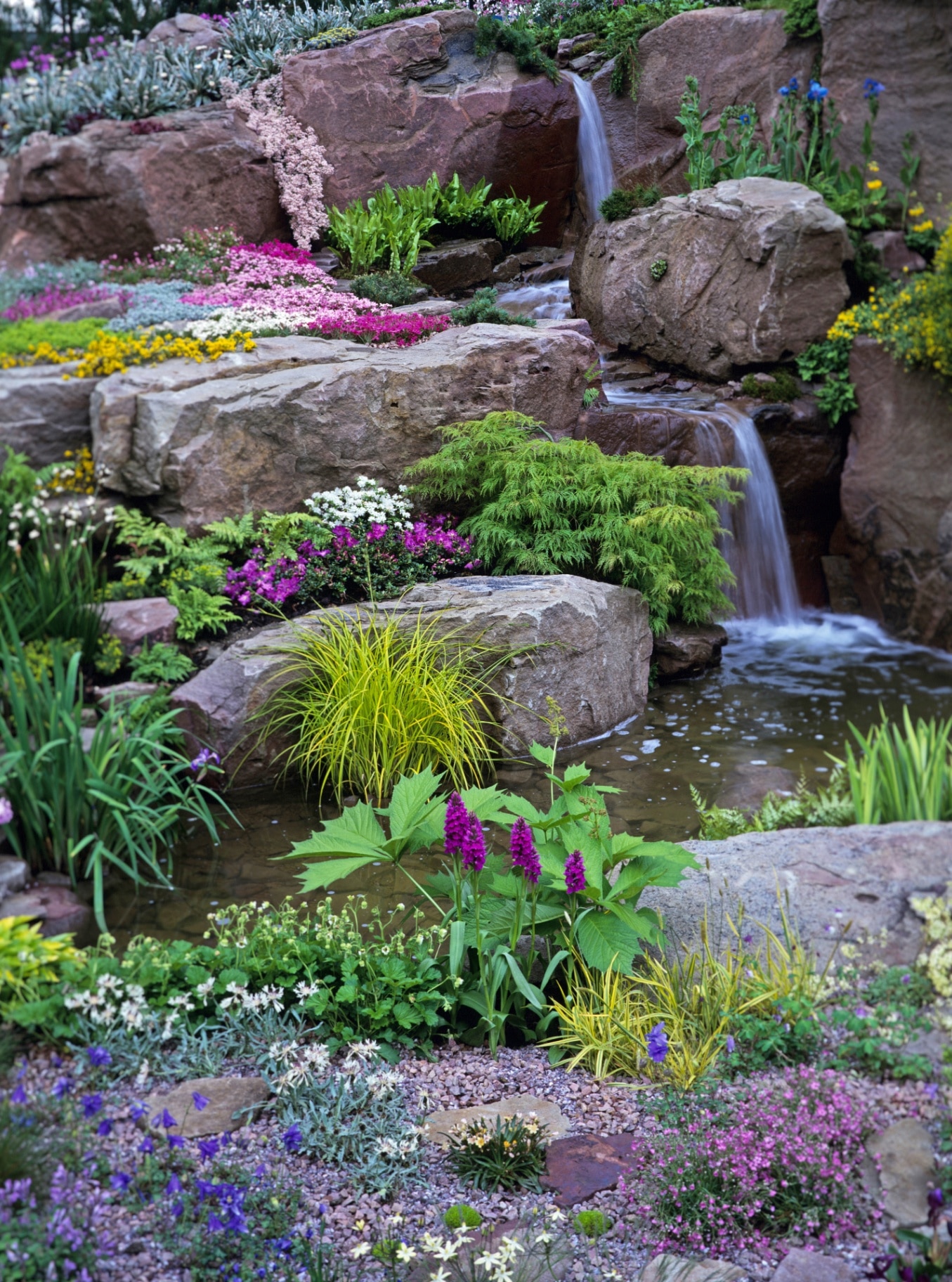 Rockery and waterfall in a country garden