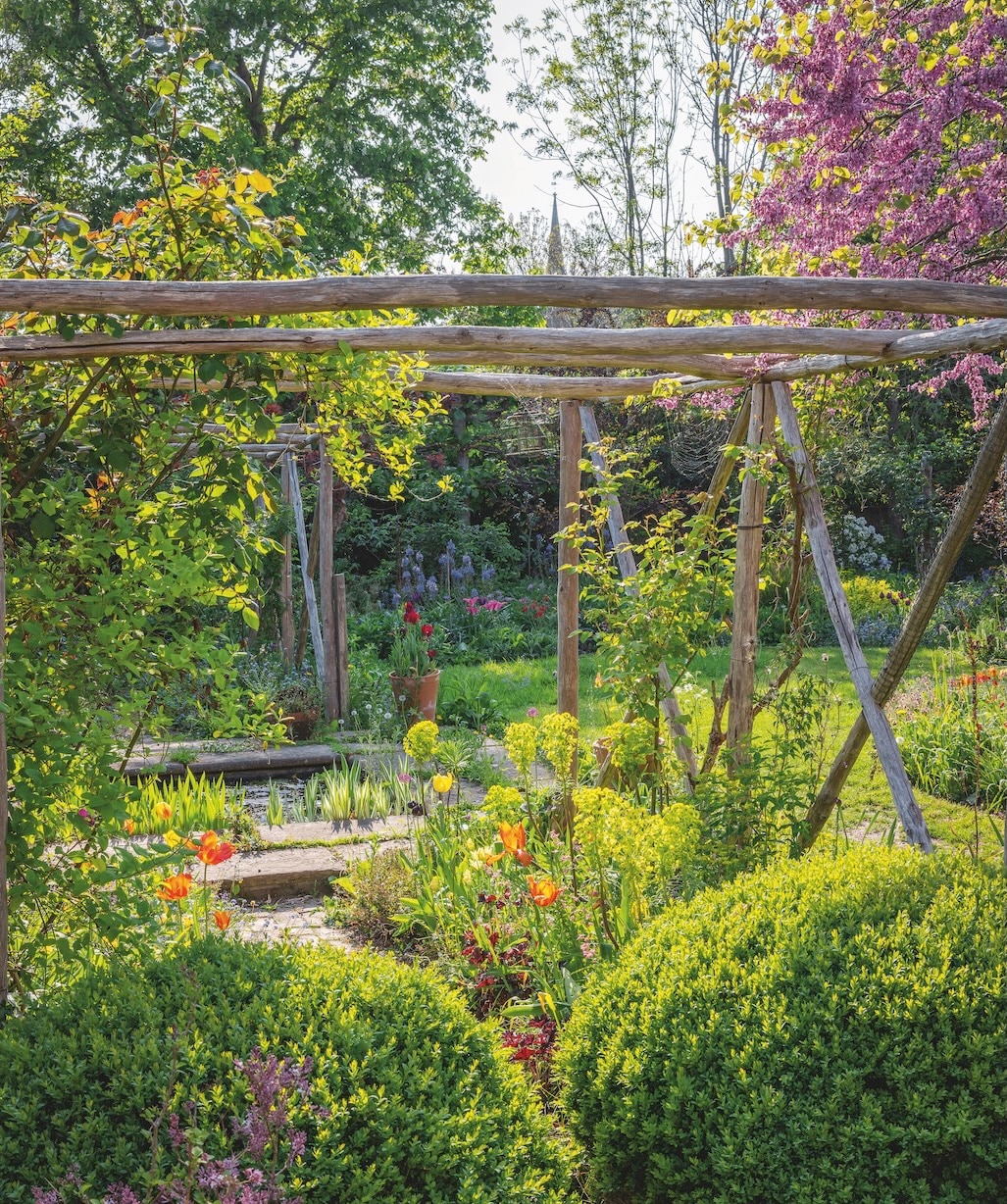 Roses scramble the uprights of Sue Martin's pergola, with its central sunken pond.