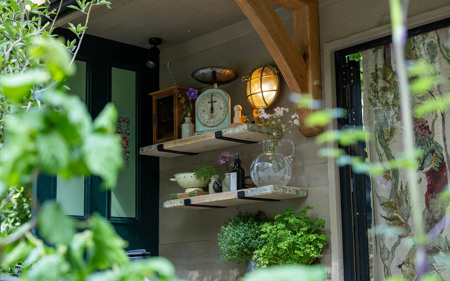Floating shelves in a balcony garden 