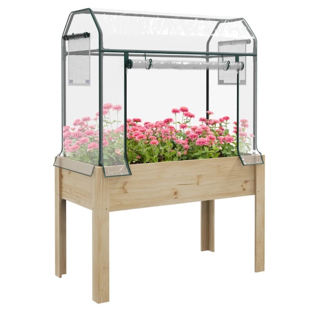 Outsunny wooden planter box with greenhouse cover and bed liner