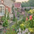 English Country Garden with cottage garden plants in summer and a flint wall